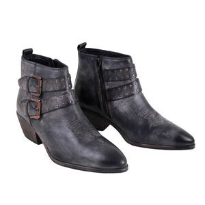 Roan BLACK GENUINE LEATHER MID HEEL POINTED BELTED STUDDED ANKLE BOOTS Size 8.5